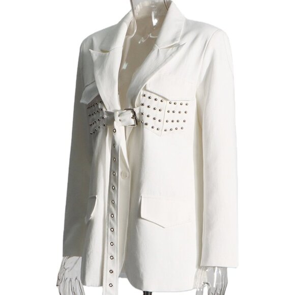 Studded Belted Blazer Suit Jacket White - Picture 5 of 5